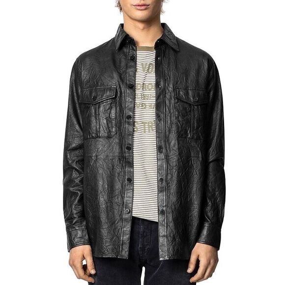 New Zadig & Voltaire Taskah Leather Crinkled Button Down Shirt Size 42